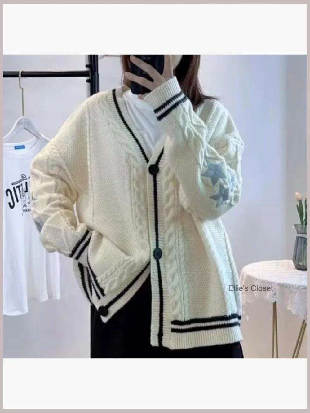 V Neck Loose Fit Knit Cardigan with Star Embroidery Button Down